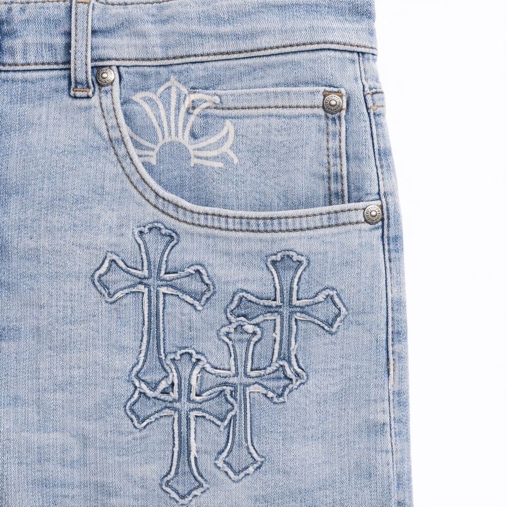 CDH Homme Gothic Cross Embroidery Distressed Blue Denim Jeans Y2K Streetwear s34 - Picture 7 of 8